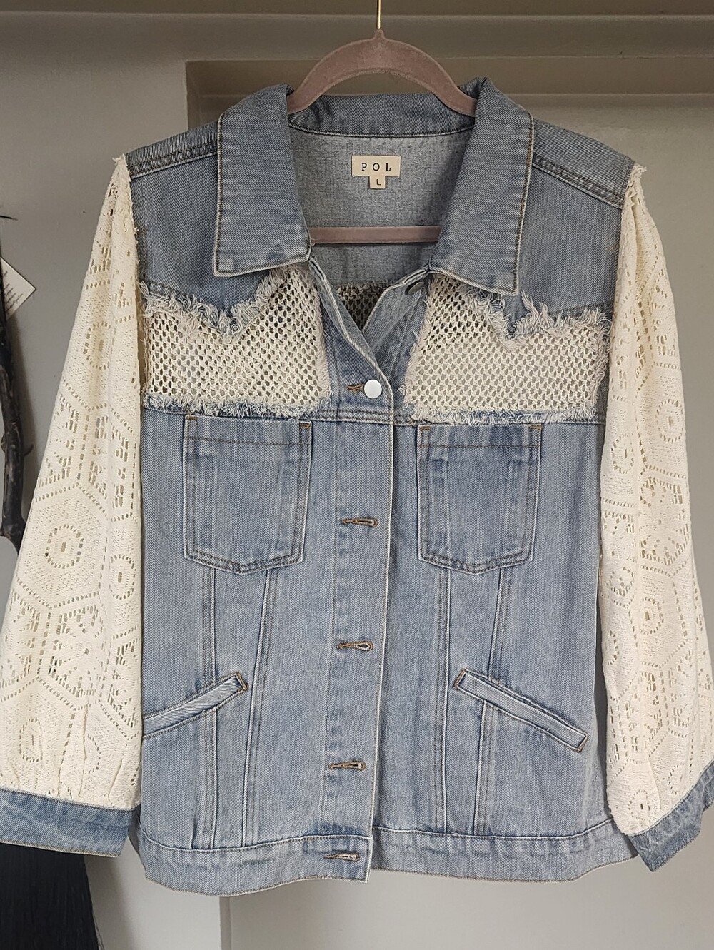 POL Light Blue Denim Jacket with Cream Crochet Sleeves